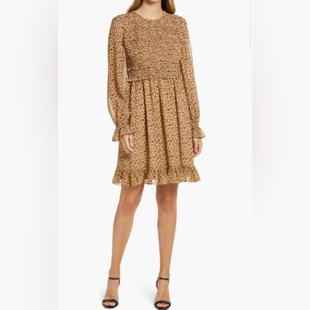 Rachel Parcell Cheetah Print Smocked Ruffle Long Sleeve Dress Size XS